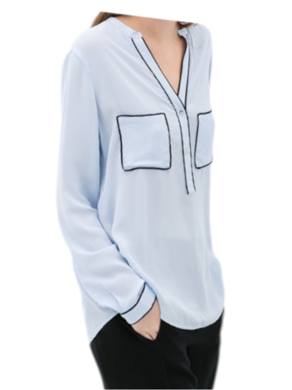 Zara Light Blue V-Neck Blouse with Black Contrast Trim